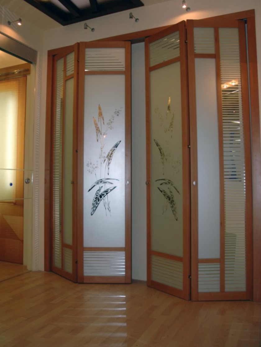 Широкие двери гармошка с матовым стеклом и рисунком Элиста